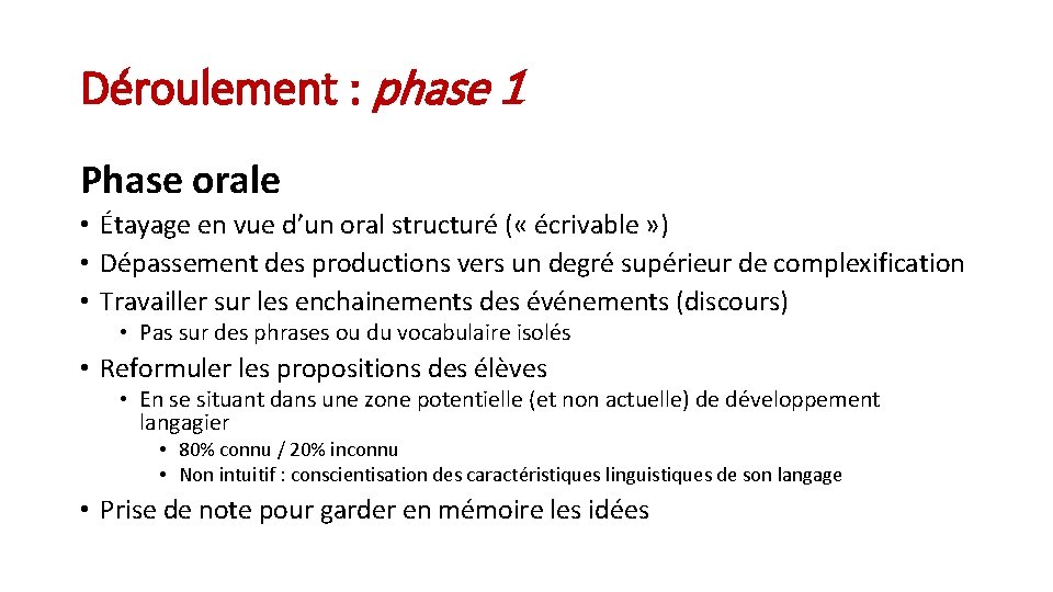 Déroulement : phase 1 Phase orale • Étayage en vue d’un oral structuré (