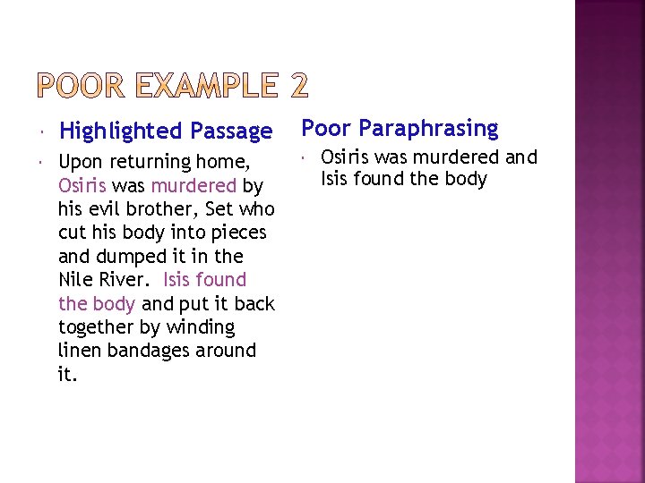  Highlighted Passage Poor Paraphrasing Upon returning home, Osiris was murdered by his evil