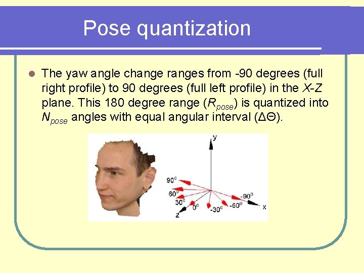 Pose quantization l The yaw angle change ranges from -90 degrees (full right profile)