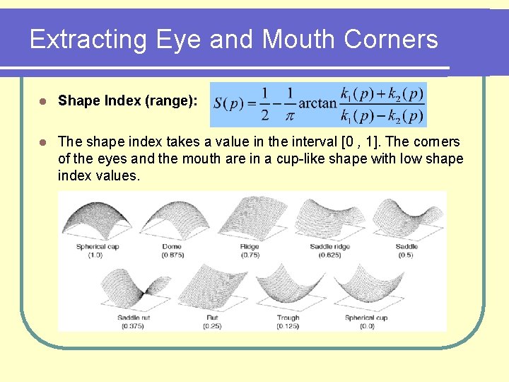 Extracting Eye and Mouth Corners l Shape Index (range): l The shape index takes