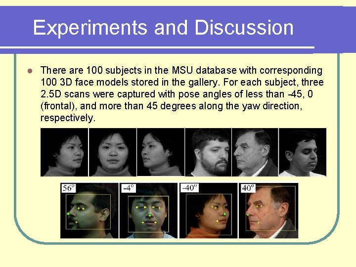 Experiments and Discussion l There are 100 subjects in the MSU database with corresponding