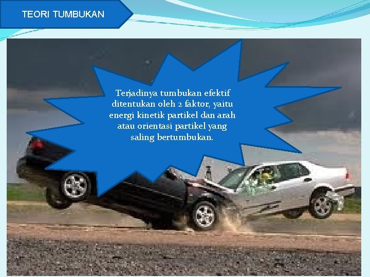 TEORI TUMBUKAN Terjadinya tumbukan efektif ditentukan oleh 2 faktor, yaitu energi kinetik partikel dan