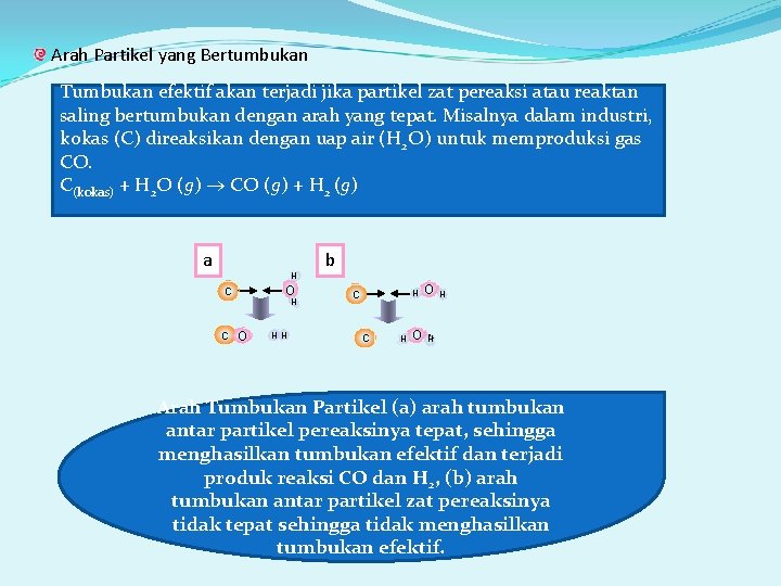 Arah Partikel yang Bertumbukan Tumbukan efektif akan terjadi jika partikel zat pereaksi atau reaktan Arah Partikel yang Bertumbukan Tumbukan efektif akan terjadi jika partikel zat pereaksi atau reaktan