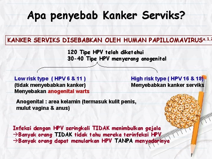 Apa penyebab Kanker Serviks? KANKER SERVIKS DISEBABKAN OLEH HUMAN PAPILLOMAVIRUSa, 1, 2 120 Tipe