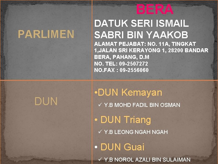 BERA PARLIMEN DATUK SERI ISMAIL SABRI BIN YAAKOB ALAMAT PEJABAT: NO. 11 A, TINGKAT