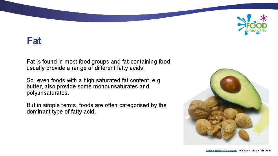 Fat is found in most food groups and fat-containing food usually provide a range