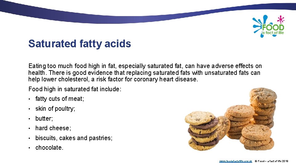 Saturated fatty acids Eating too much food high in fat, especially saturated fat, can