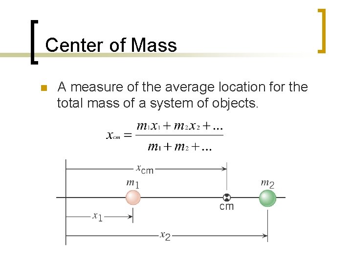 Center of Mass n A measure of the average location for the total mass Center of Mass n A measure of the average location for the total mass