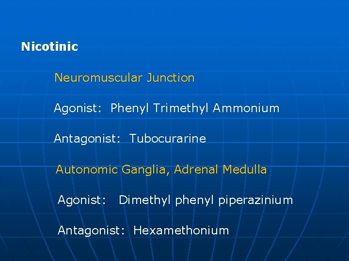 Nicotinic Neuromuscular Junction Agonist: Phenyl Trimethyl Ammonium Antagonist: Tubocurarine Autonomic Ganglia, Adrenal Medulla Agonist: