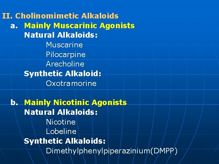 II. Cholinomimetic Alkaloids a. Mainly Muscarinic Agonists Natural Alkaloids: Muscarine Pilocarpine Arecholine Synthetic Alkaloid: