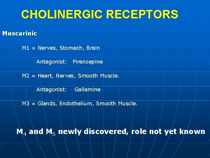 CHOLINERGIC RECEPTORS Muscarinic M 1 = Nerves, Stomach, Brain Antagonist: Pirenzepine M 2 =