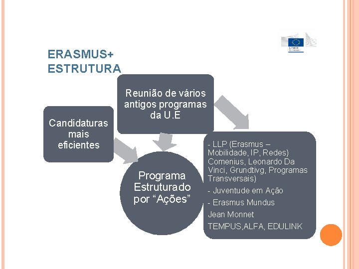 ERASMUS+ ESTRUTURA Candidaturas mais eficientes Reunião de vários antigos programas da U. E Programa