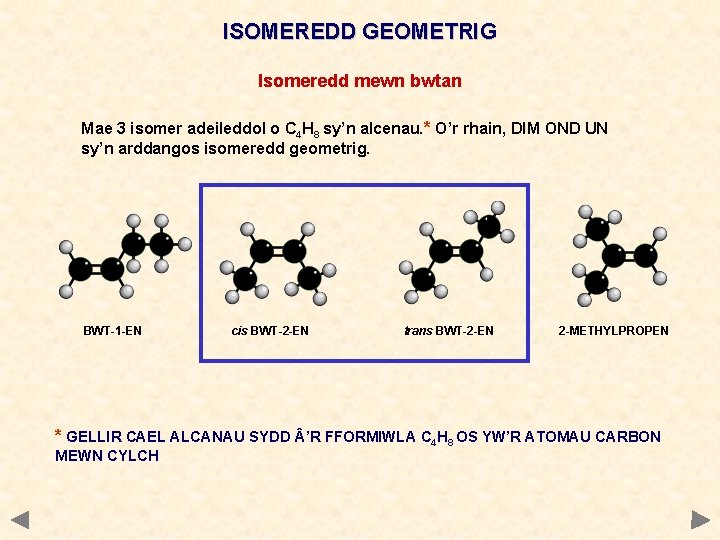 ISOMEREDD GEOMETRIG Isomeredd mewn bwtan Mae 3 isomer adeileddol o C 4 H 8