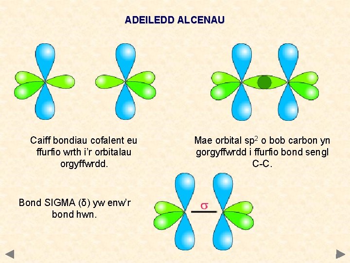 ADEILEDD ALCENAU Caiff bondiau cofalent eu ffurfio wrth i’r orbitalau orgyffwrdd. Bond SIGMA (δ)