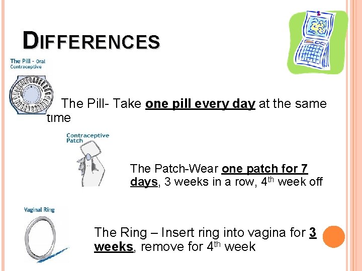 DIFFERENCES The Pill- Take one pill every day at the same time The Patch-Wear