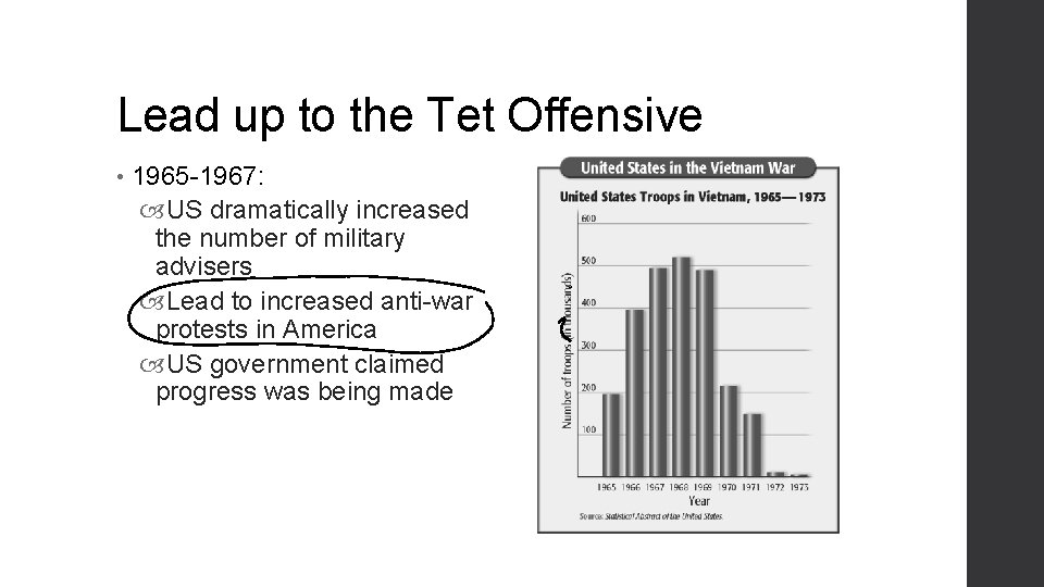 Lead up to the Tet Offensive • 1965 -1967: US dramatically increased the number