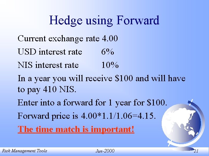 Hedge using Forward Current exchange rate 4. 00 USD interest rate 6% NIS interest