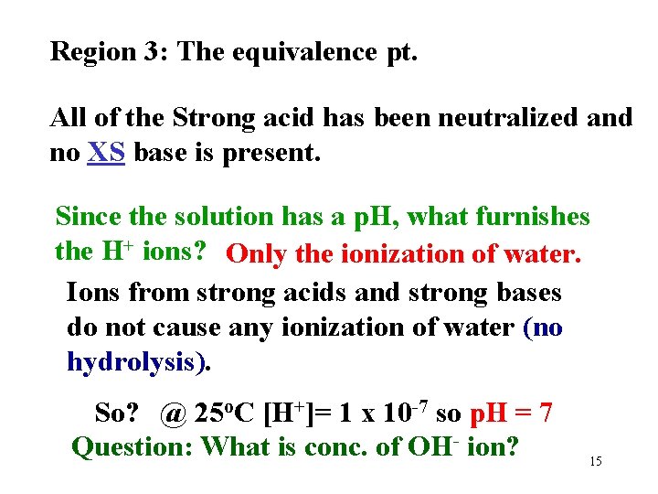 Region 3: The equivalence pt. All of the Strong acid has been neutralized and