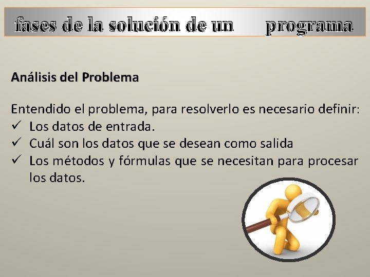 fases de la solución de un programa Análisis del Problema Entendido el problema, para