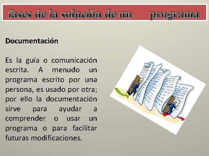 fases de la solución de un Documentación Es la guía o comunicación escrita. A