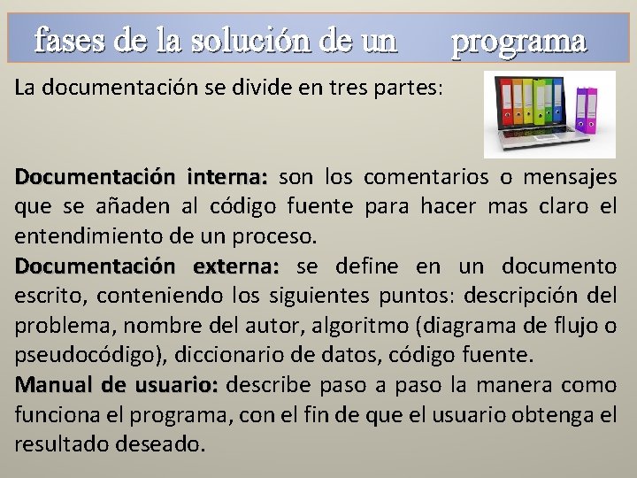 fases de la solución de un programa La documentación se divide en tres partes: