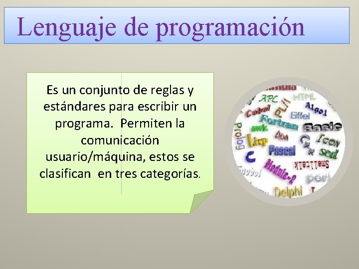 Lenguaje de programación Es un conjunto de reglas y estándares para escribir un programa.