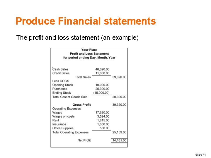 Produce Financial statements The profit and loss statement (an example) Slide 71 