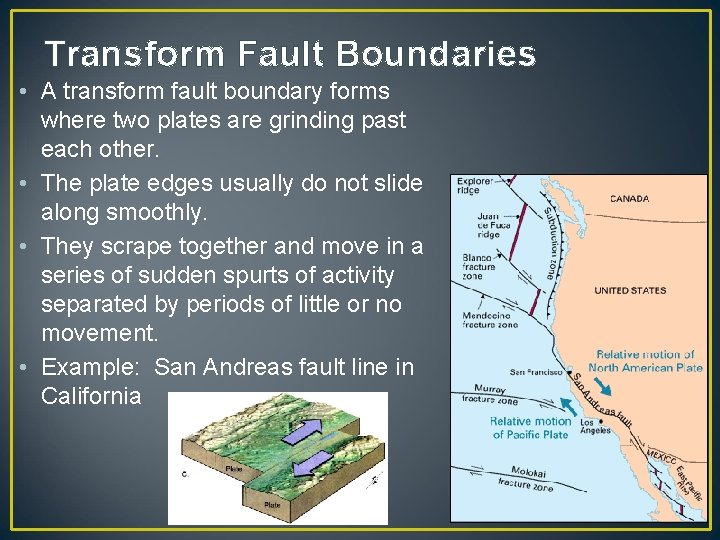 Transform Fault Boundaries • A transform fault boundary forms where two plates are grinding