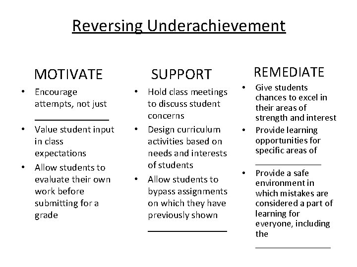 Reversing Underachievement MOTIVATE SUPPORT • Encourage attempts, not just ________ • Value student input