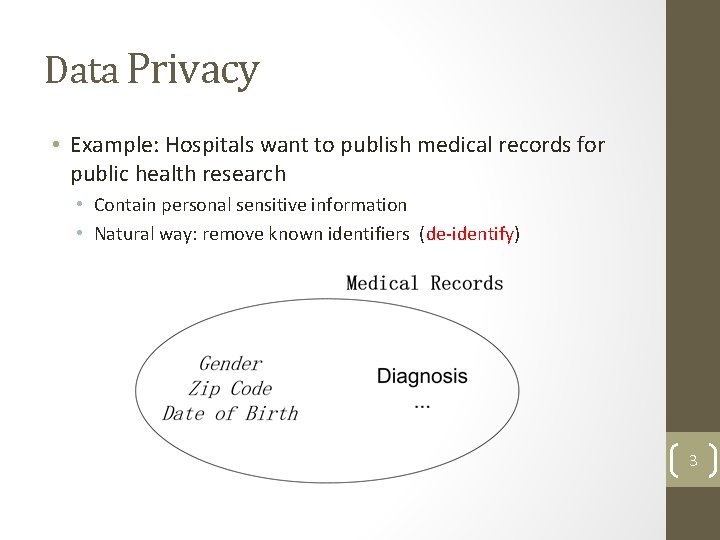 Data Privacy • Example: Hospitals want to publish medical records for public health research Data Privacy • Example: Hospitals want to publish medical records for public health research