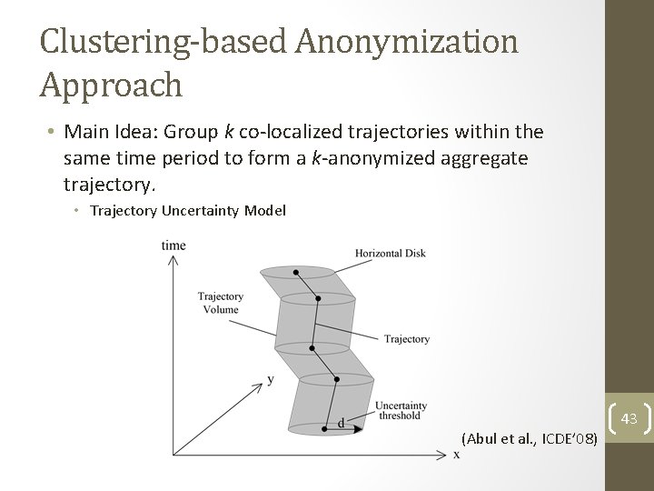 Clustering-based Anonymization Approach • Main Idea: Group k co-localized trajectories within the same time Clustering-based Anonymization Approach • Main Idea: Group k co-localized trajectories within the same time