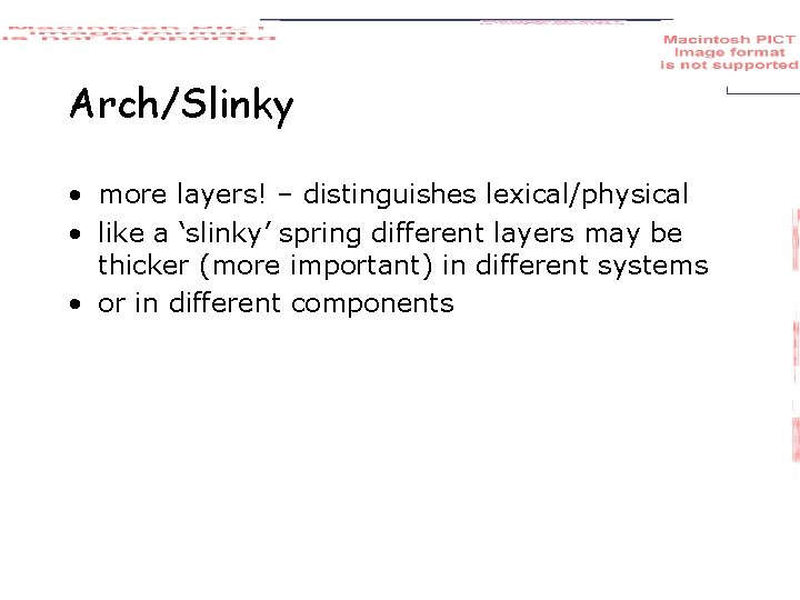 Arch/Slinky • more layers! – distinguishes lexical/physical • like a ‘slinky’ spring different layers