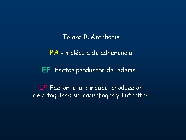 Toxina B. Antrhacis PA - molécula de adherencia EF Factor productor de edema LF