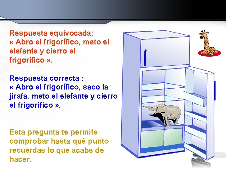 Respuesta equivocada: « Abro el frigorífico, meto el elefante y cierro el frigorífico »