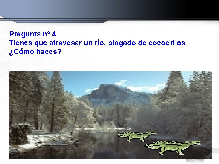 Pregunta nº 4: Tienes que atravesar un río, plagado de cocodrilos. ¿Cómo haces? 