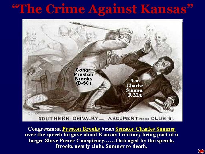 “The Crime Against Kansas” Congr. Preston Brooks (D-SC) Sen. Charles Sumner (R-MA) Congressman Preston