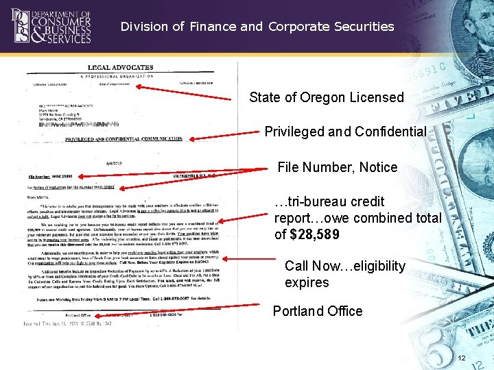 Division of Finance and Corporate Securities State of Oregon Licensed Privileged and Confidential File