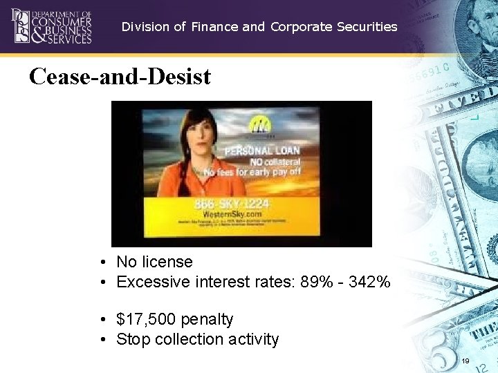 Division of Finance and Corporate Securities Cease-and-Desist • No license • Excessive interest rates: