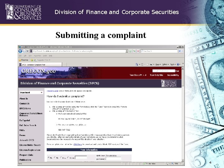 Division of Finance and Corporate Securities Submitting a complaint 4 