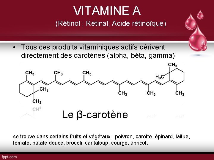 VITAMINE A (Rétinol ; Rétinal; Acide rétinoïque) • Tous ces produits vitaminiques actifs dérivent
