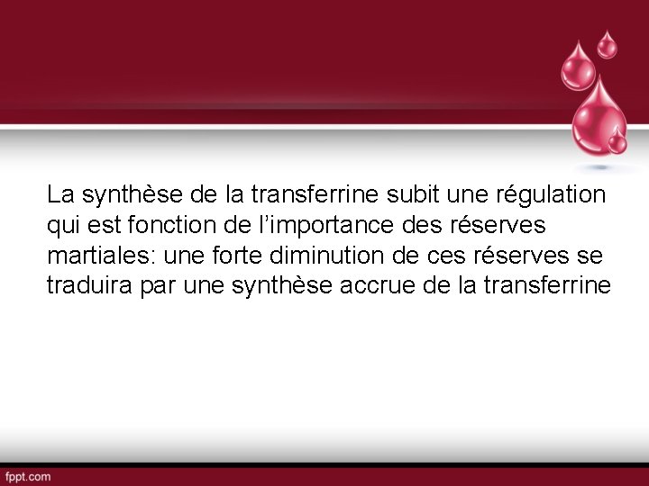 La synthèse de la transferrine subit une régulation qui est fonction de l’importance des