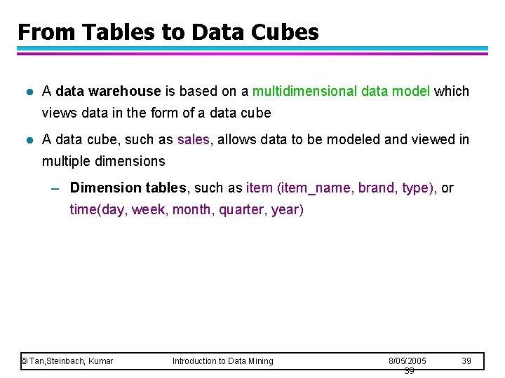 From Tables to Data Cubes l A data warehouse is based on a multidimensional
