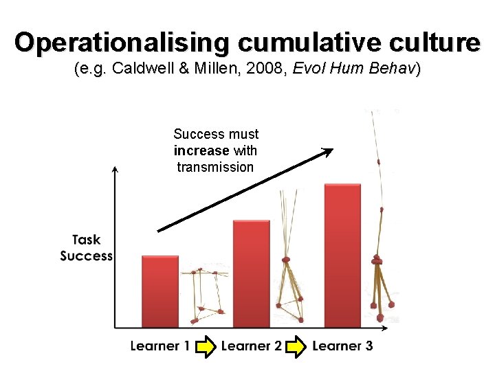 Operationalising cumulative culture (e. g. Caldwell & Millen, 2008, Evol Hum Behav) Success must