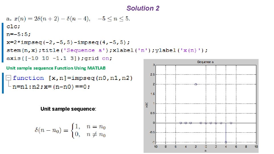 Solution 2 Unit sample sequence Function Using MATLAB Unit sample sequence: 