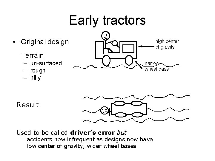 Early tractors • Original design high center of gravity Terrain – un-surfaced – rough Early tractors • Original design high center of gravity Terrain – un-surfaced – rough