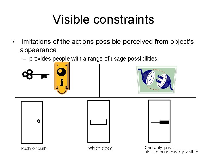 Visible constraints • limitations of the actions possible perceived from object’s appearance – provides Visible constraints • limitations of the actions possible perceived from object’s appearance – provides