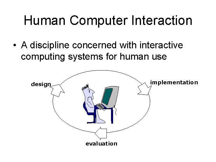 Human Computer Interaction • A discipline concerned with interactive computing systems for human use Human Computer Interaction • A discipline concerned with interactive computing systems for human use