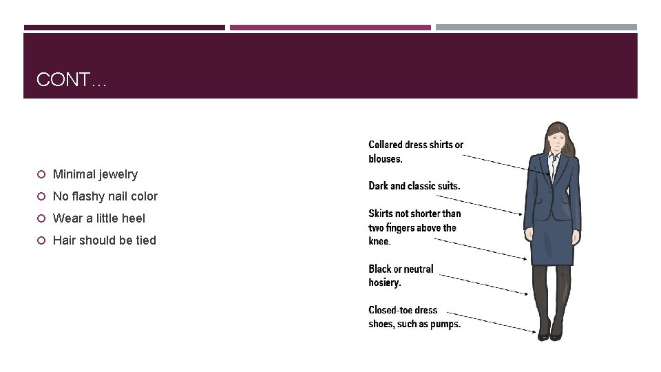 CONT… Minimal jewelry No flashy nail color Wear a little heel Hair should be