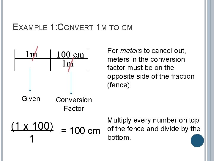 EXAMPLE 1: CONVERT 1 M TO CM 1 m Given 100 cm 1 m
