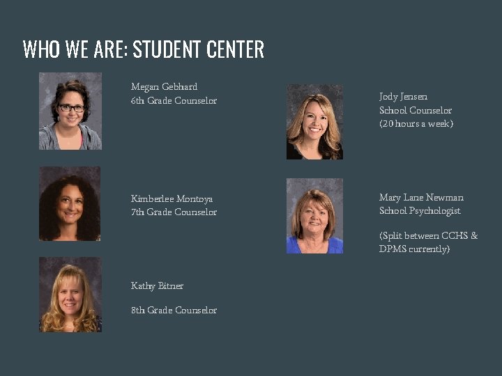 WHO WE ARE: STUDENT CENTER Megan Gebhard 6 th Grade Counselor Kimberlee Montoya 7 WHO WE ARE: STUDENT CENTER Megan Gebhard 6 th Grade Counselor Kimberlee Montoya 7
